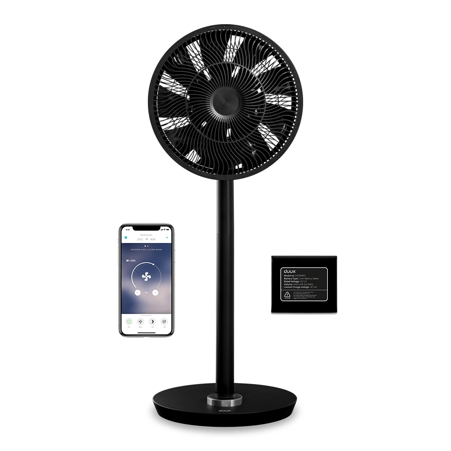 Front view of wireless Whisper Flex Smart fan in a black colour
